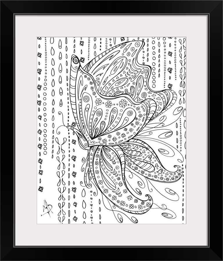 Black and white line art of a butterfly with large, patterned wings, surrounded by raindrops.