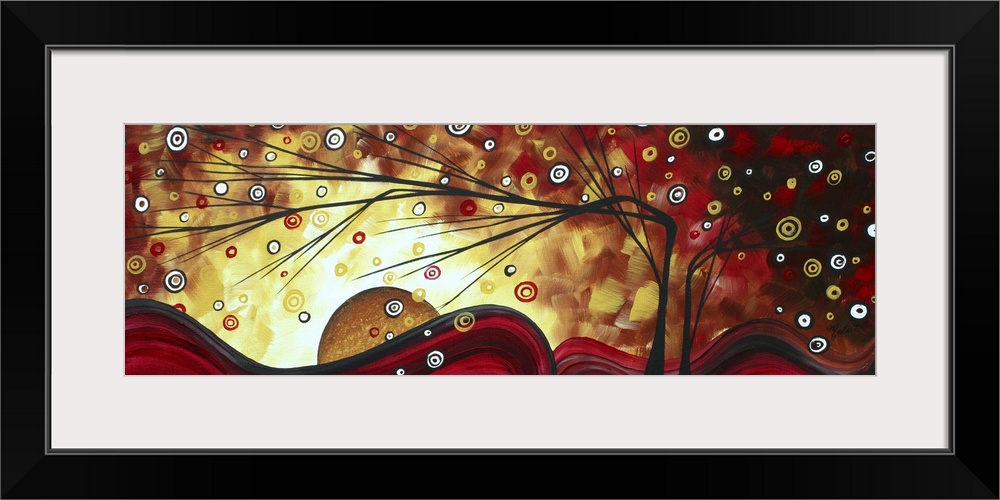 Contemporary abstract panoramic artwork of tree silhouettes surrounded by multicolored circles varying in size.