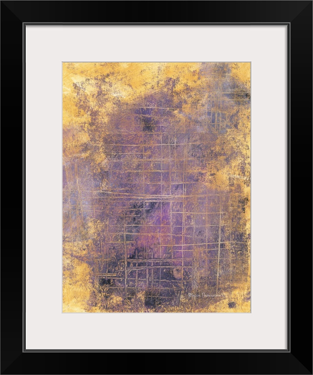 A contemporary abstract painting that has a gold background with different shades of purple hues on top with small hints o...