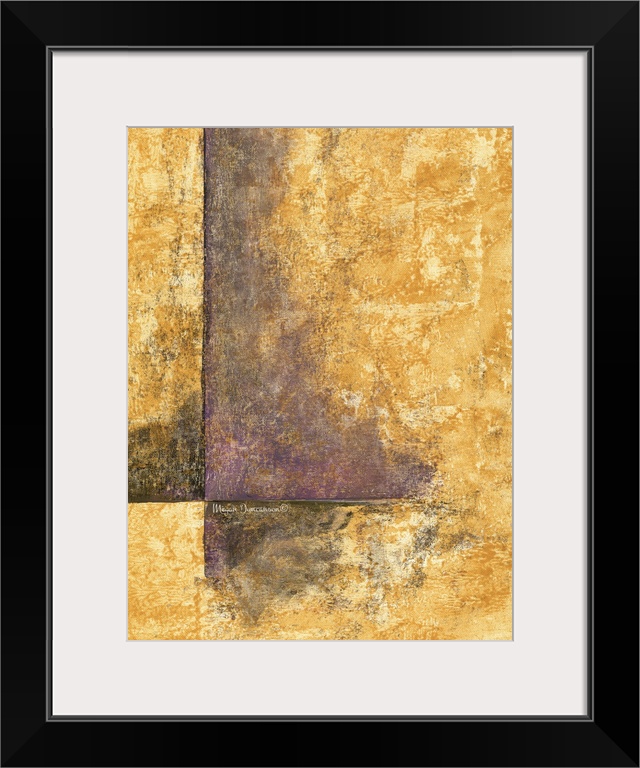 A contemporary abstract painting that has a gold background with purple and black designs lying heavy on the left side cre...