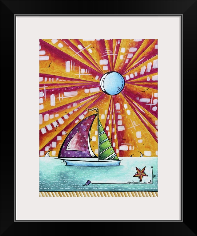 Contemporary painting of a sailboat with brightly colored sails with a bright sun with large rays in the background.