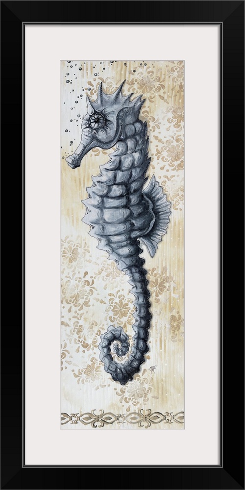 Vertical painting of a seahorse on a floral background.