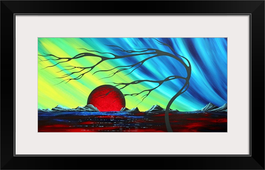 Abstract artwork of a deep red sun that sits on the horizon with a cool colored sky above it. A frail tree bends to the le...