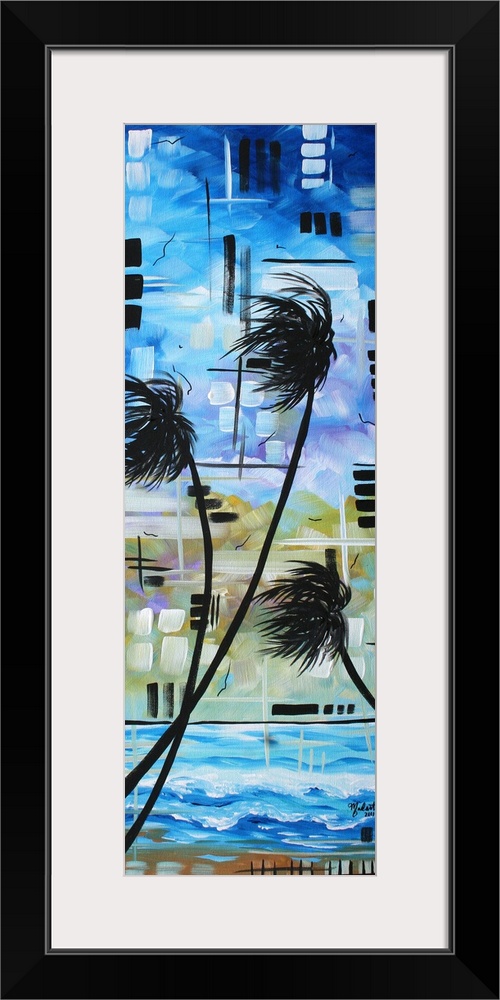 An original, tropical, contemporary abstract landscape painting. Beautiful, vibrant rich colors of deep blue