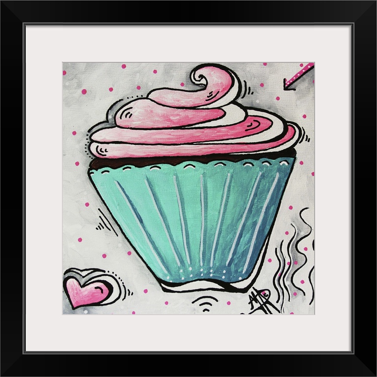 Cute contemporary painting of a cupcake with bright pink frosting and a turquoise cup.