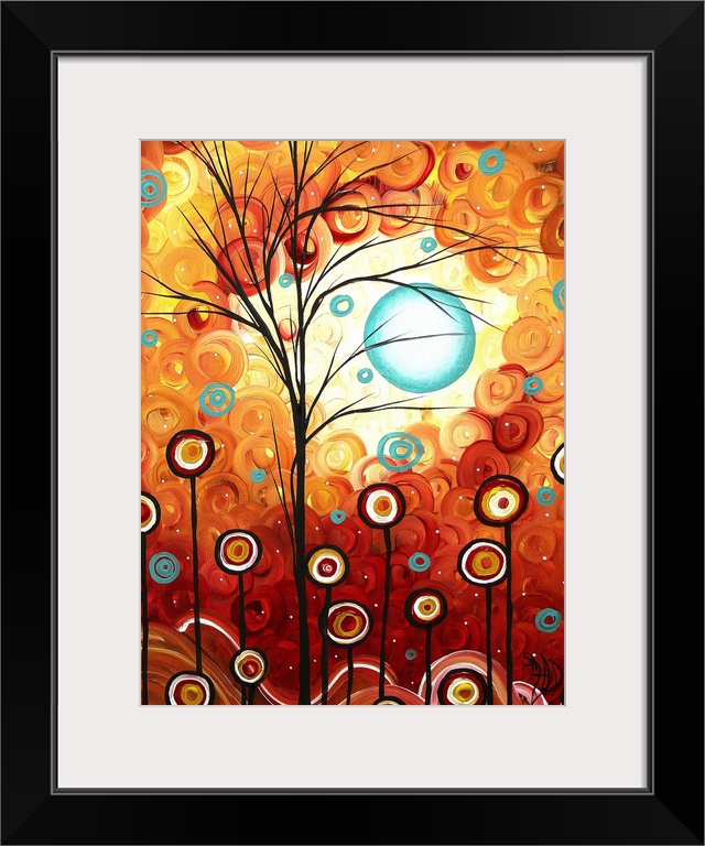 A big abstract painting of trees and flowers represented as circles on lines in front of a sky made up of layered circles.