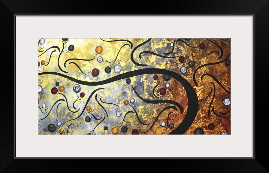 Giant, horizontal abstract artwork of a bending tree branch with many small, swirling branches surrounding it, at the ends...