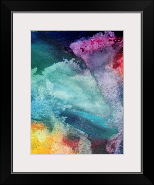 Vertical, big abstract painting of fluid variety of colors swirling together like liquid.