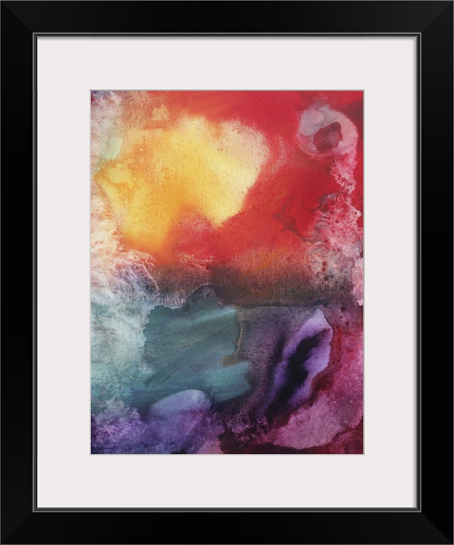 Abstract artwork that is filled with fluid colors of reds, yellows, magenta, violet and blue accented with bursts of purpl...