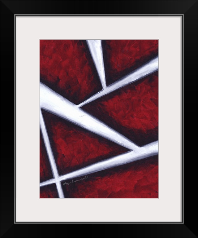 A contemporary abstract painting that has bright red brushstrokes underneath bold white lines moving in different angles, ...