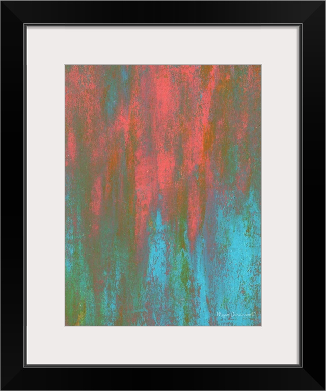 A bright contemporary abstract painting that has beautiful tones of pink, orange, blue, and green intertwined together to ...