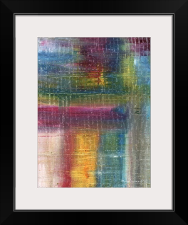 A bright contemporary abstract painting using all of the colors from the rainbow together in both horizontal and vertical ...