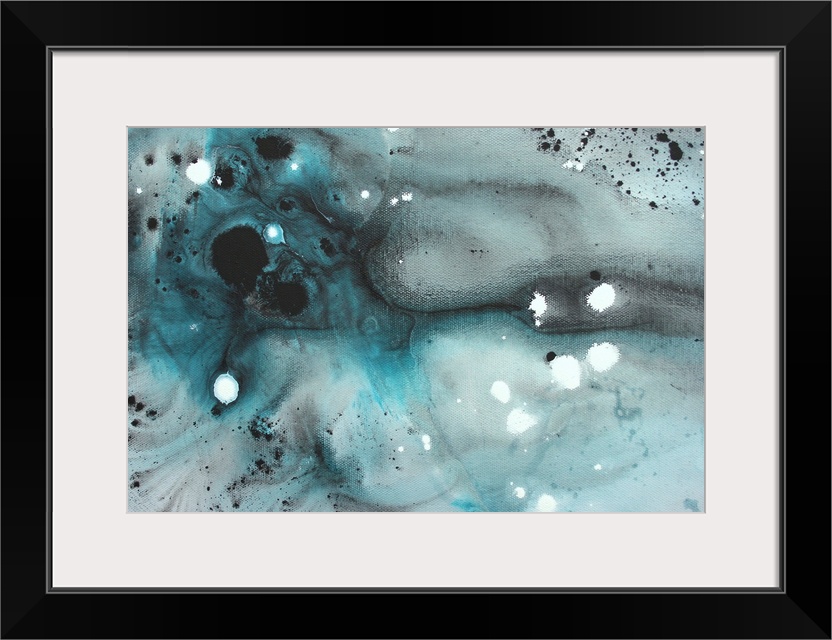 Contemporary abstract painting of muted watercolor background with dark ink splatters.
