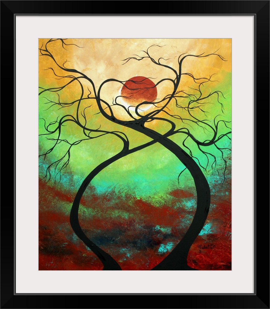 Contemporay abstract painting of curving tree trunks and branches against a bright sky.