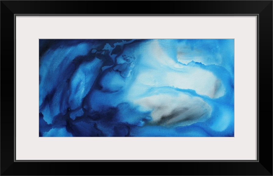 Large monochromatic abstract art composed of cool tones has a fluid motion as the colors begin to blend together.  Artist ...