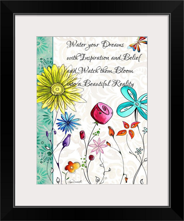 Illustration of several colorful flowers in full bloom with an inspirational quote.