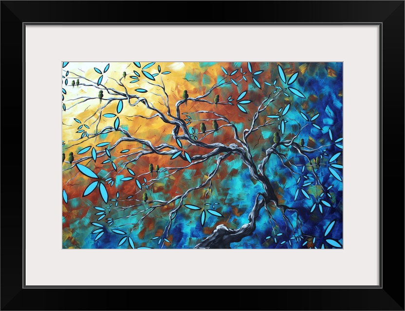 Abstract painting of a tree with blooming flowers on it's branches against a background splashed with different colors.