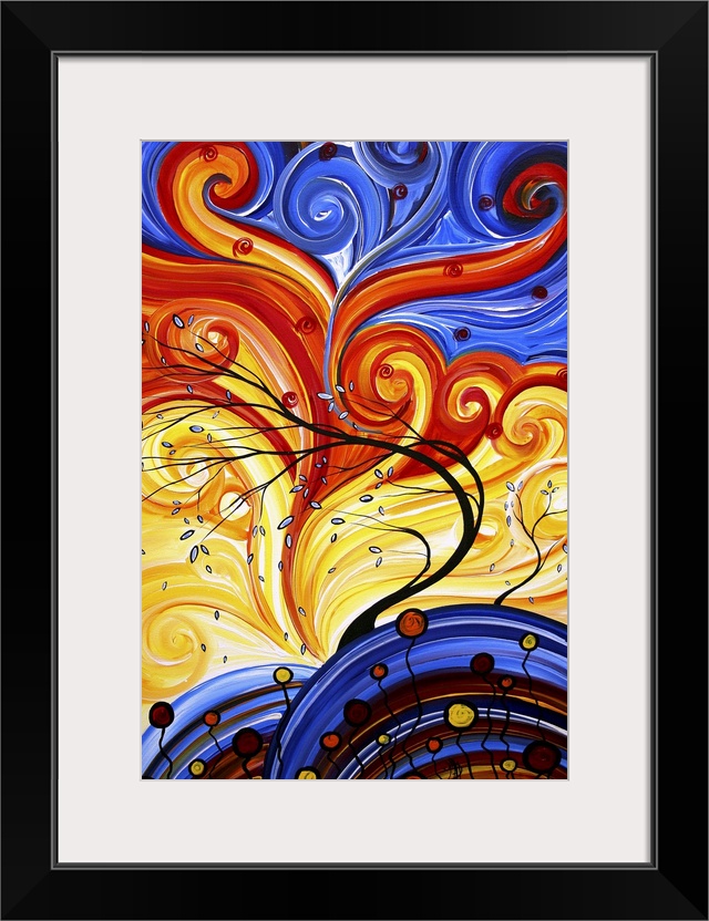 Bright and rich colorful contemporary abstract painting of trees blowing in wind with leaves falling and swirls of colorfu...