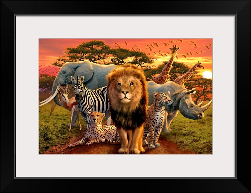 Large illustration of a lion, zebra, elephant, rhinoceros, gazelle, cheetahs, giraffes and birds as they occupy the plains...