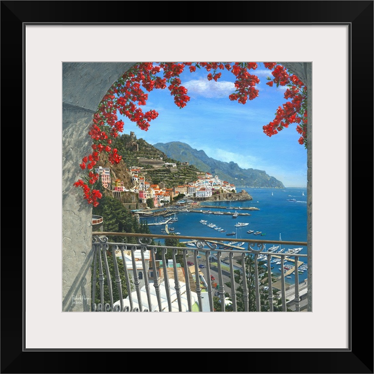 Contemporary painting of a view of a European harbor from a floral adorned balcony.