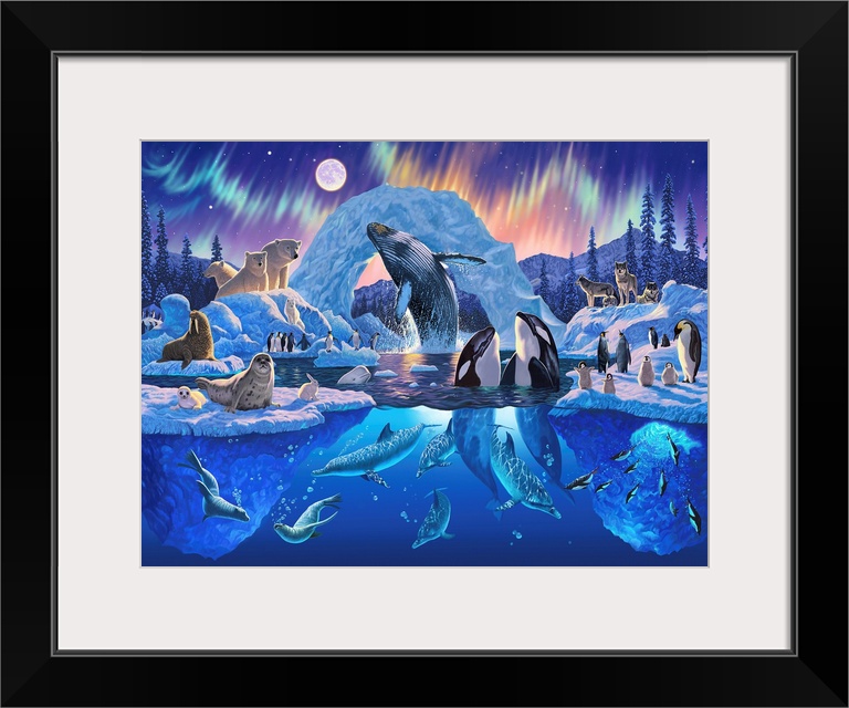 Whimsical painting of polar life.  There are images of killer whales, penguins, polar bears, walruses, wolves, seals, sea ...