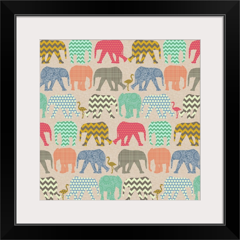 repeating pattern ~ geo baby elephants and flamingos on linen texture background