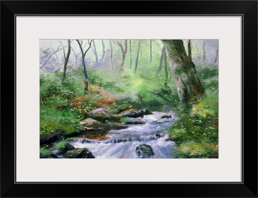 Contemporary painting of a stream moving through a forest.