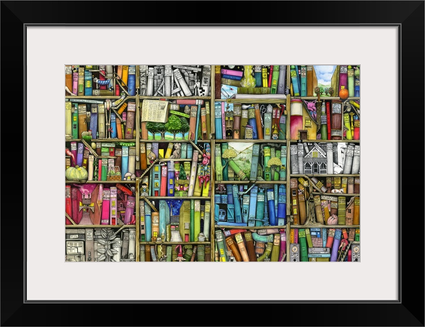 Fantasy illustration of a shelf full of books with hidden figures and objects. Each section of the shelf creates a separat...