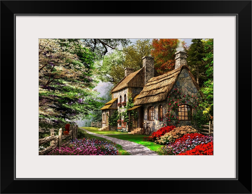 Decorative art for the home or cabin this cozy painting of a thatched roof home in the forest surrounded by blooming flowers.