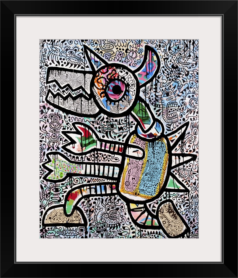 Contemporary abstract painting of a monster in bright colors and patterns, against a detailed abstract background.