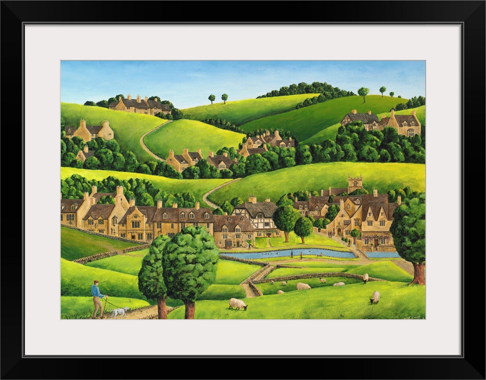 Artwork of a small village nestled in the hills of England.