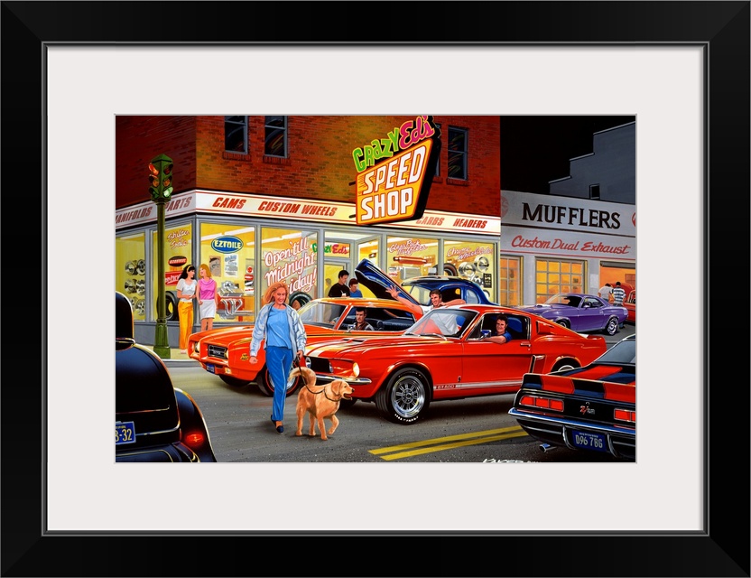 A contemporary painting of a woman and her dog crossing a Mustang, GTO, Z-28 Camaro and a Ford Hot Rod in the street  in f...