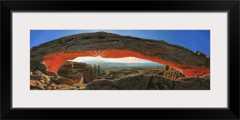 Contemporary painting of a massive natural rock arch in a desert overlooking a vast rocky landscape.