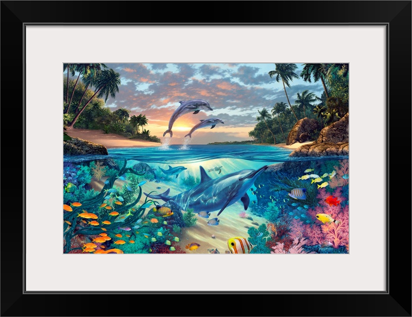 Big fantasy painting on canvas of dolphins swimming underneath the water with other fish and two dolphins jumping out of t...