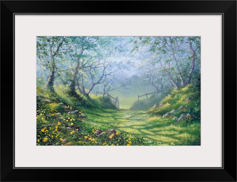 Contemporary painting of  countryside clearing with lush green grass and bright yellow flowers all around.