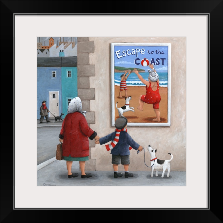 Contemporary painting of a mother and her son walking along a city sidewalk and they both stop to look at a travel adverti...