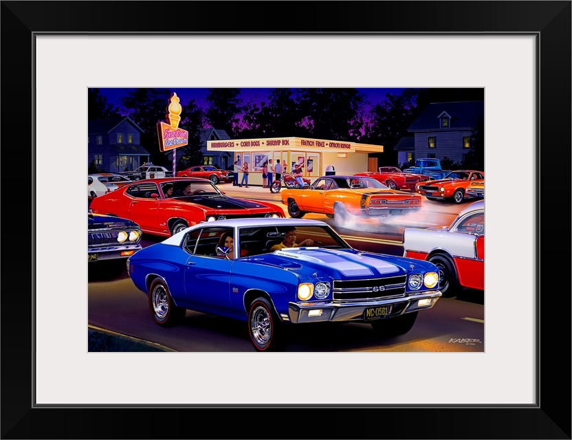 Big automotive art portrays a group of people enjoying the treats from a local snack shack.  Filling the parking lot and s...