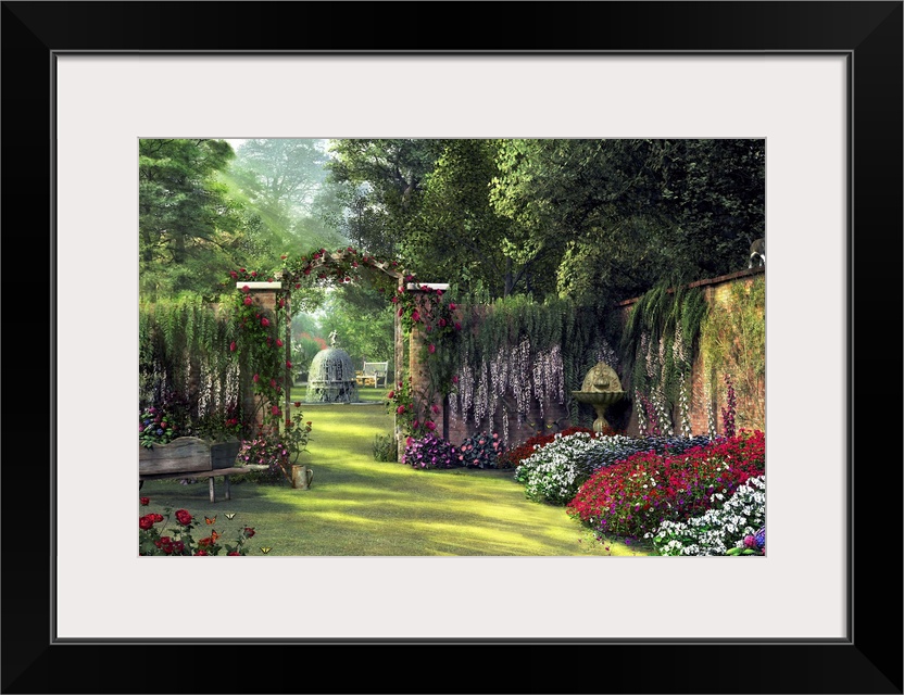 Horizontal painting on a big canvas of a flower garden surrounded by a stone wall and large trees, an old wheelbarrow and ...