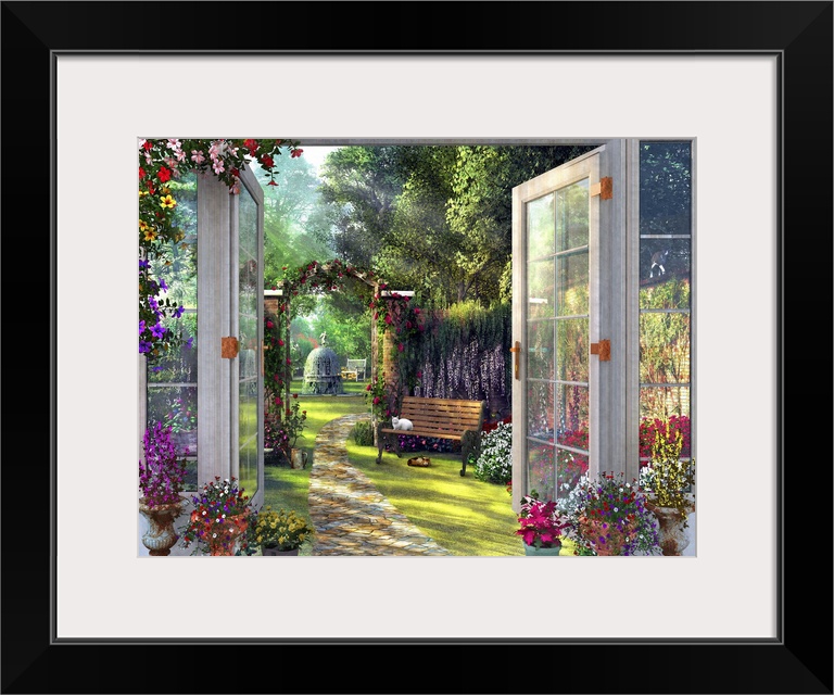 A doorway view of a country garden with two cats.