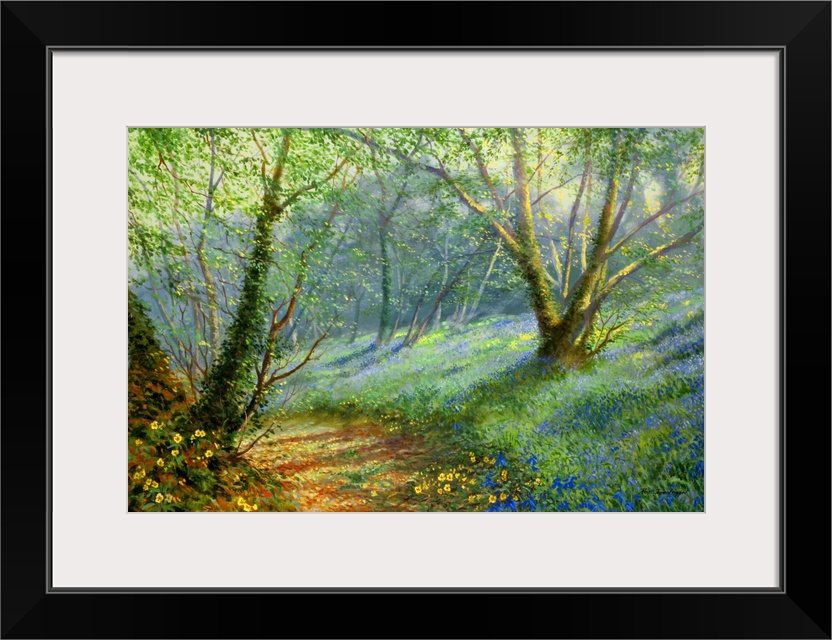 Contemporary painting of a path in a lush forest.