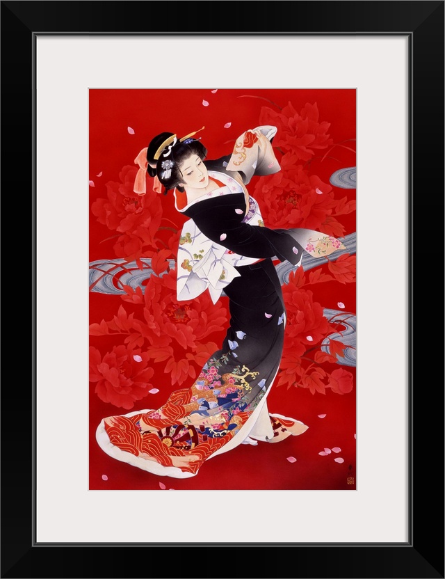 Contemporary colorful Asian art of a Geisha in beautiful ornate clothing.