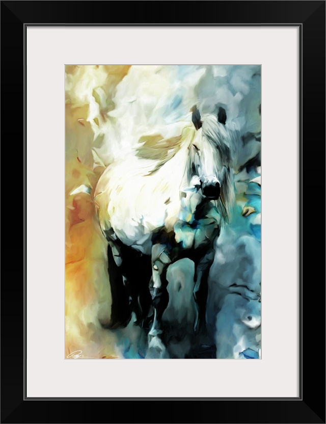 Contemporary animal artwork of a white horse surround by an abstract background.