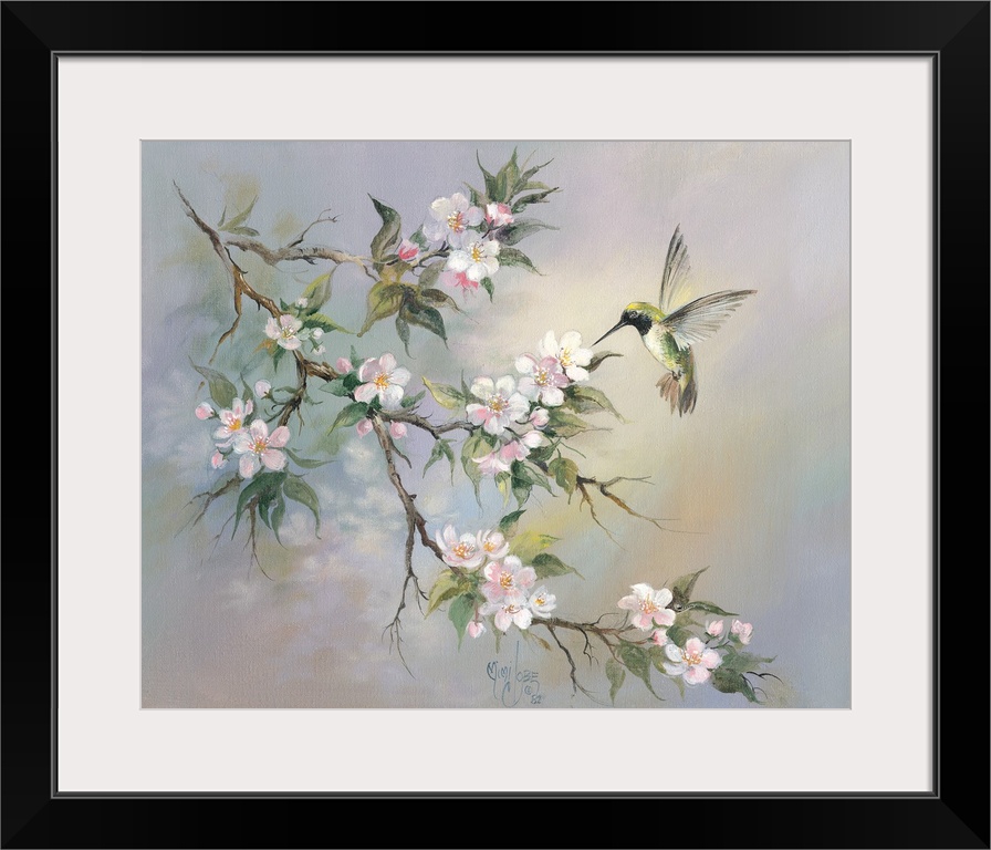 Contemporary whimsical artwork of a hummingbird at a flowering branch.