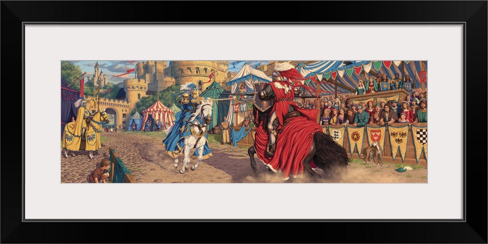 A scene depicting a jousting tournament just at the moment the King's champion attempts to vanquish the all conquering mys...