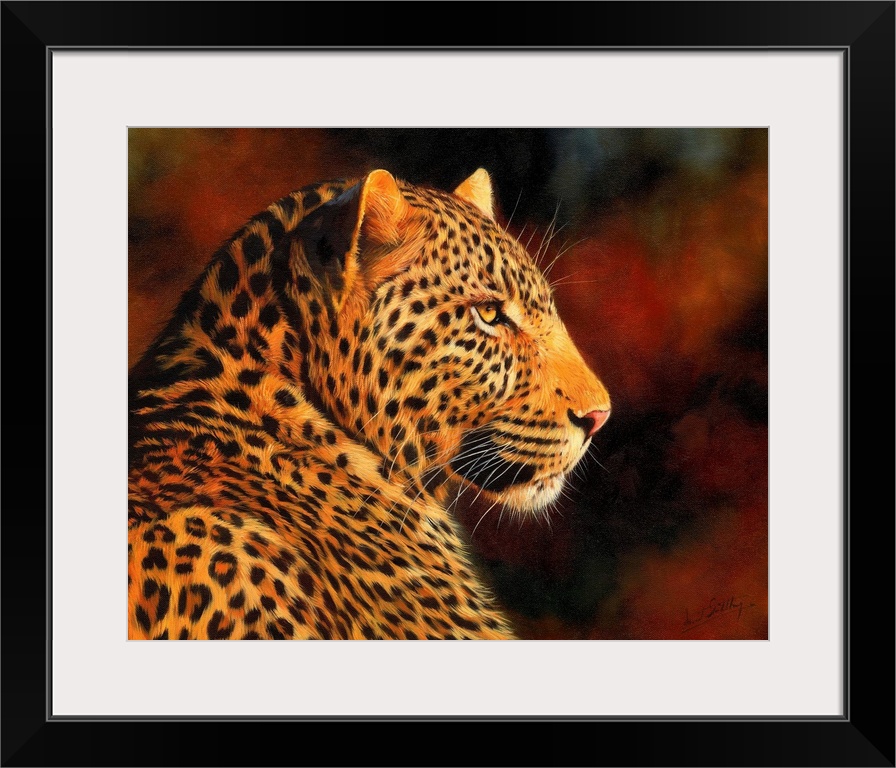 Contemporary painting of a leopard illuminated in a warm light.