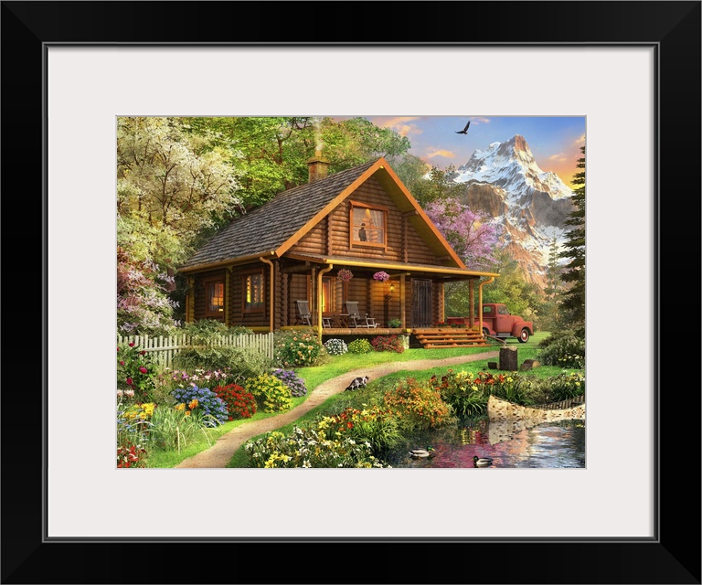 Illustration of a log Cabin somewhere in North America.