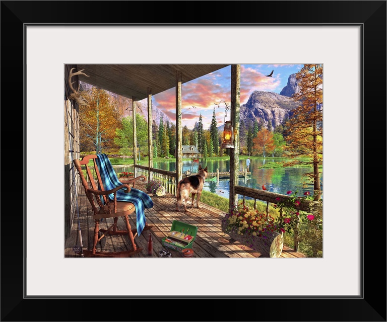 Illustration of a view of the lake and mountains from a cabin veranda.