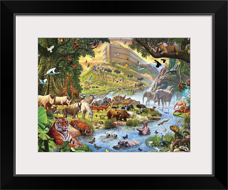 Colorful artwork of Noah's Ark in a lush green landscape with thousands of animals all around.