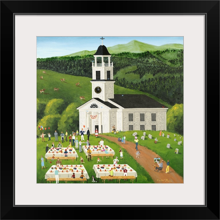 Americana scene of people enjoying a picnic outside of a church in the countryside.