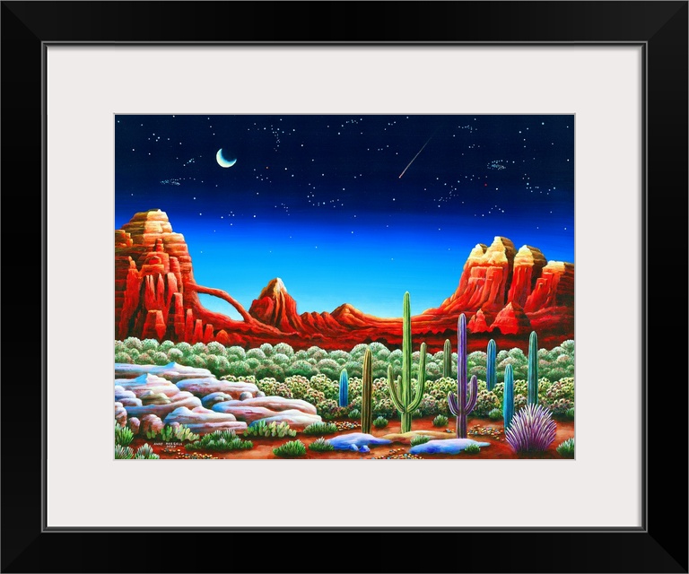 Painting of a desert landscape under a starry night sky.